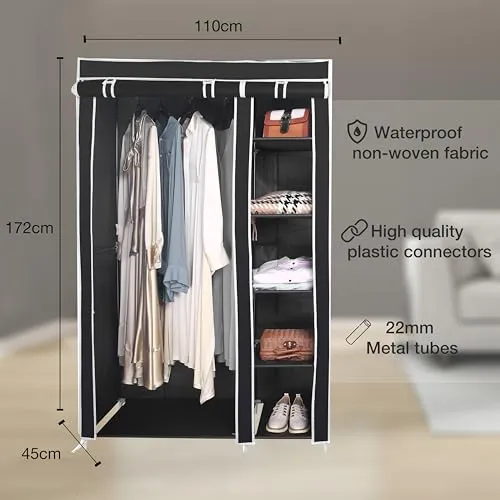 AROME PUR Fabric Canvas Wardrobe Organizer Clothes Rail Shelves Storage Closet Double Tall (Black)