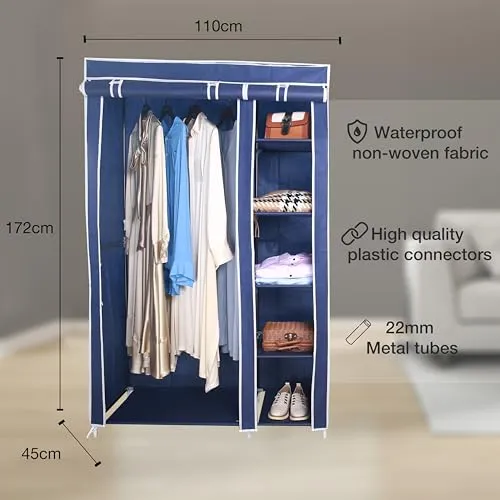 AROME PUR Fabric Canvas Wardrobe Organizer Clothes Rail Shelves Storage Closet Double Tall (Blue)