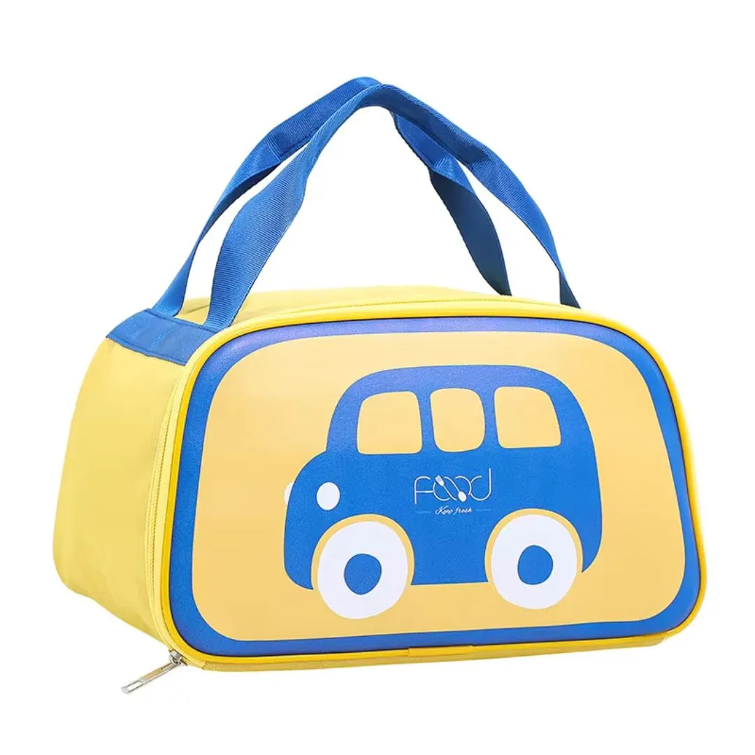 Car Print Insulated Lunch Bag with front open zip (Yellow Sky blue)