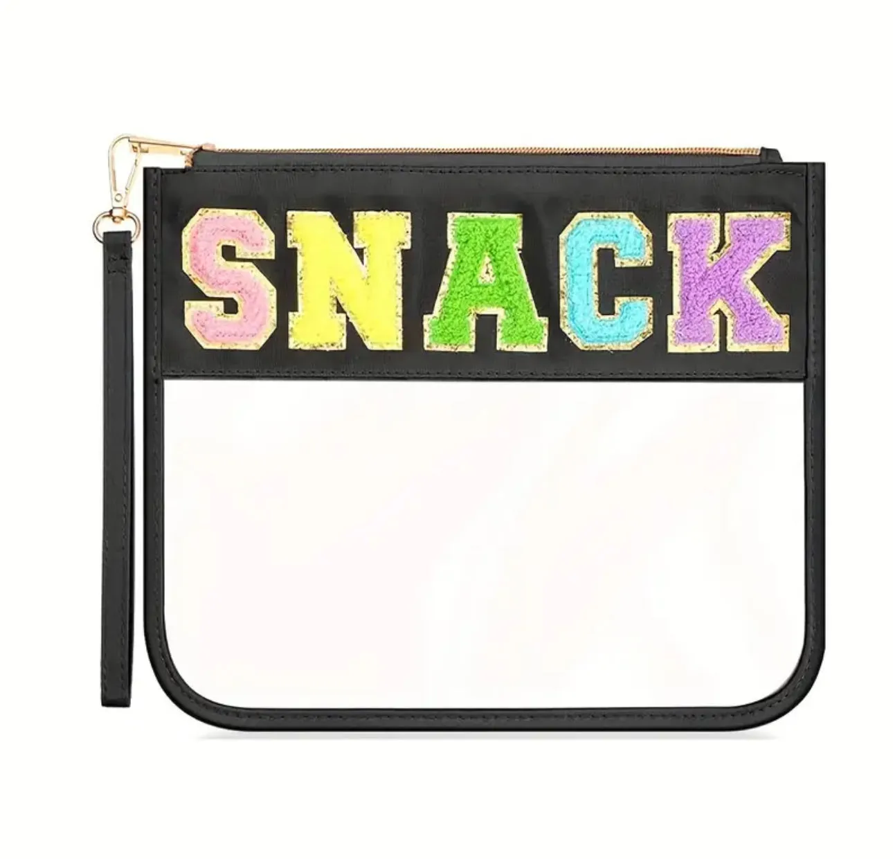 Clear Zipper Pouch Chenille Snack Bag with Multi-Colored Varsity Letter for Travel or Everyday Use