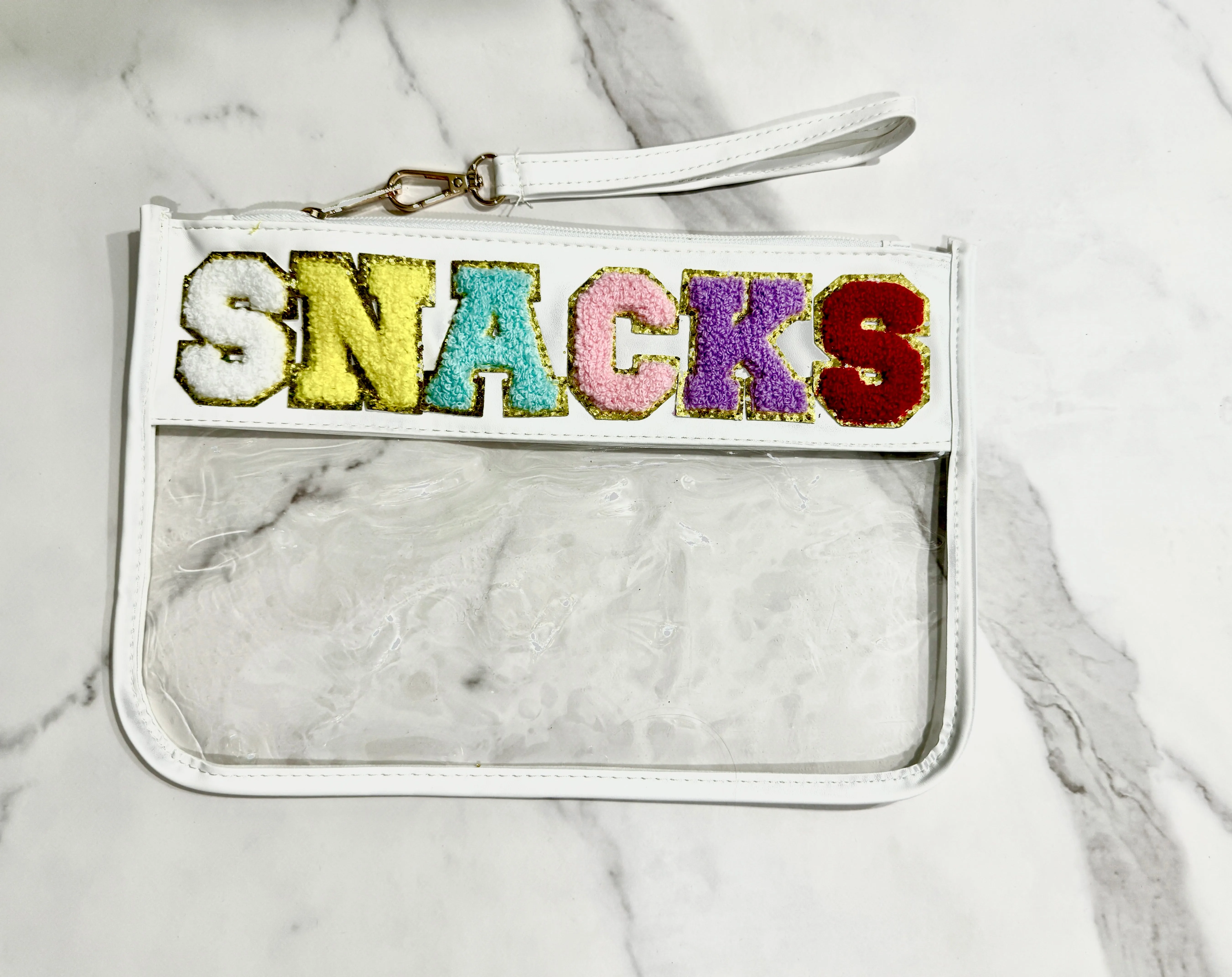 Clear Zipper Pouch Chenille Snack Bag with Multi-Colored Varsity Letter for Travel or Everyday Use