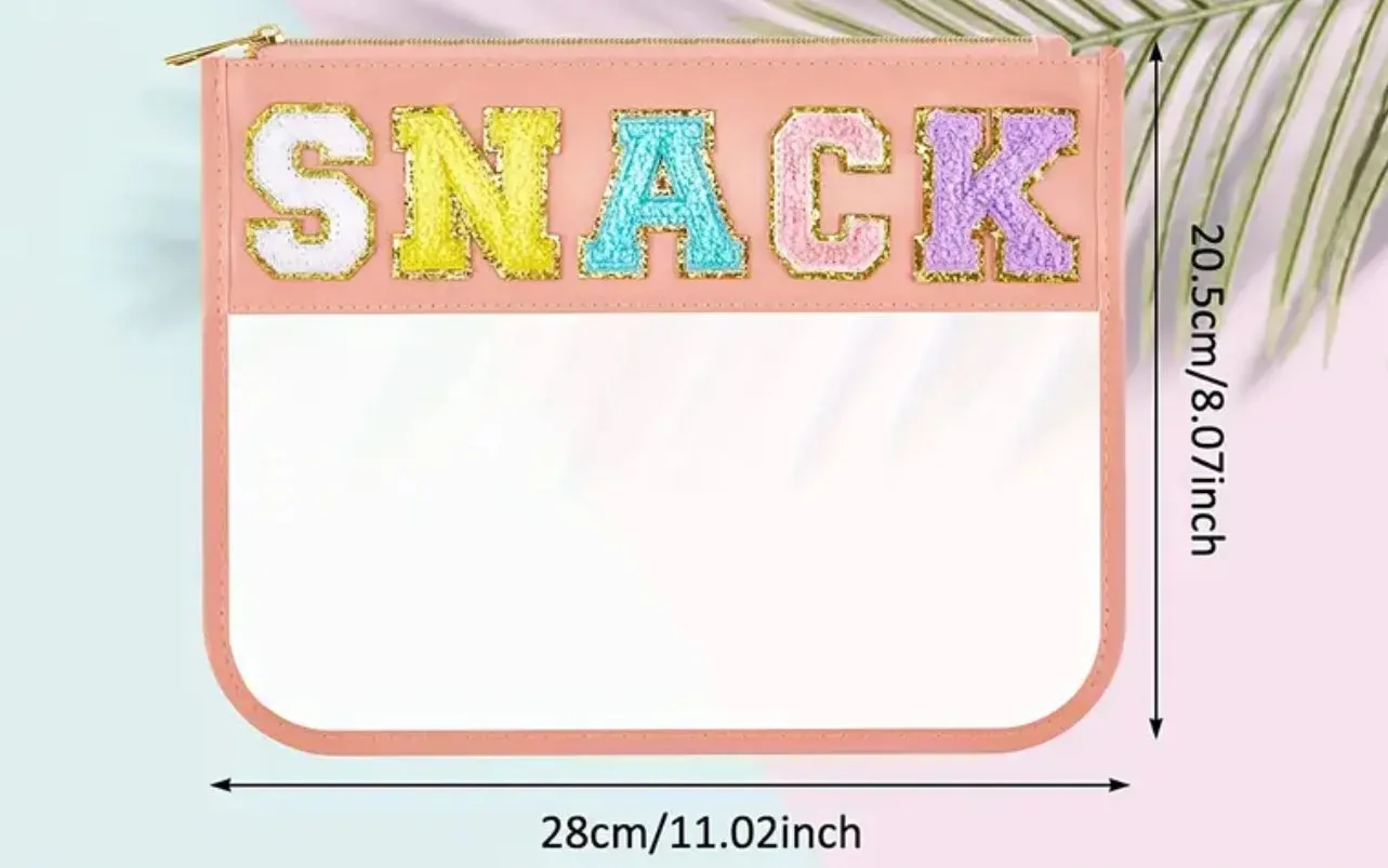 Clear Zipper Pouch Chenille Snack Bag with Multi-Colored Varsity Letter for Travel or Everyday Use