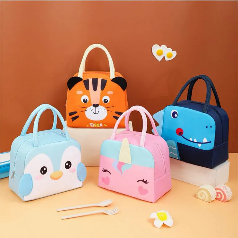 Cute 3d design Animal Printed Insulated  Lunch bag for kids (Sky blue Penguin)