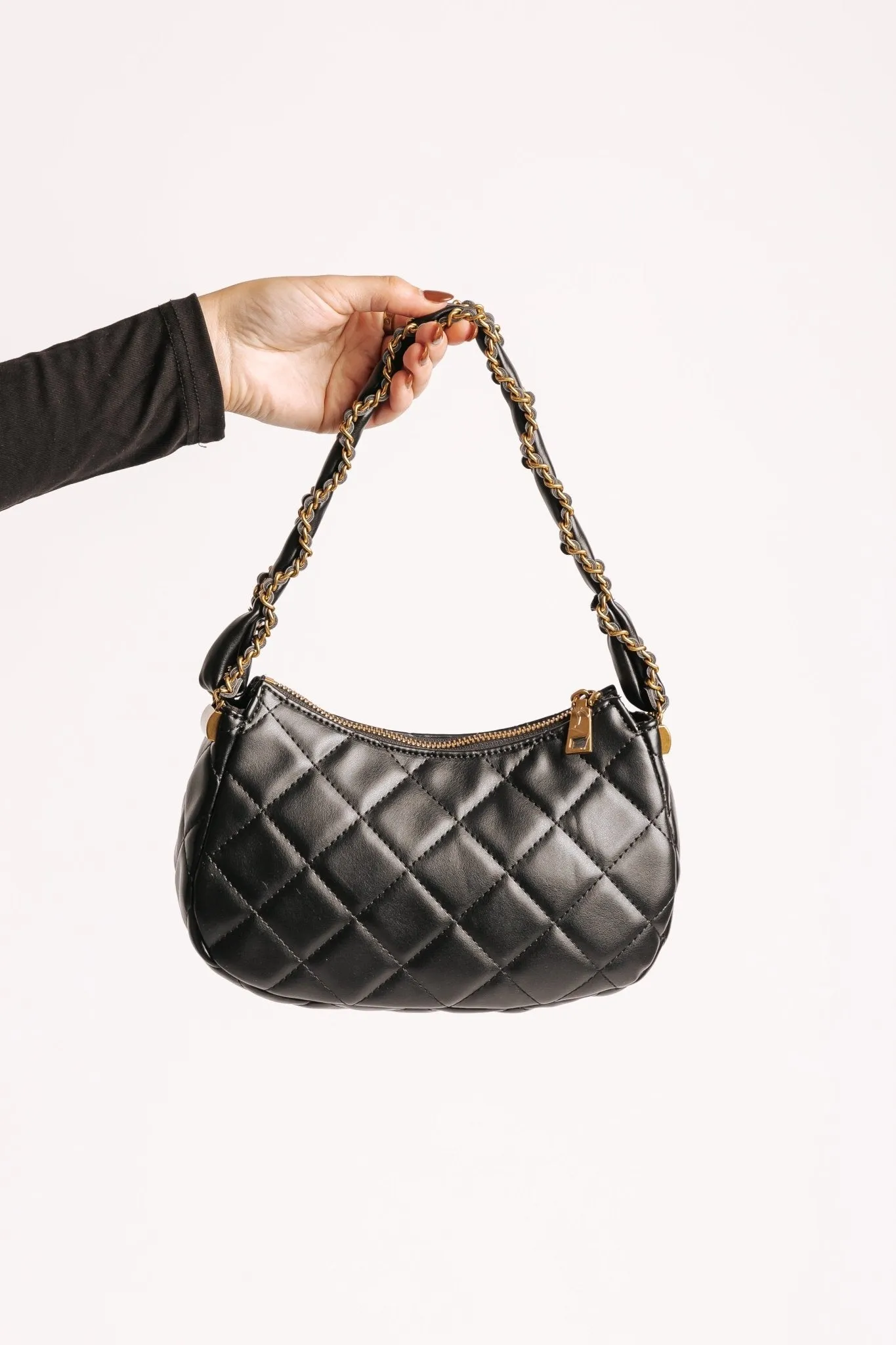 Ellie Black Faux Leather Quilted Shoulder Bag