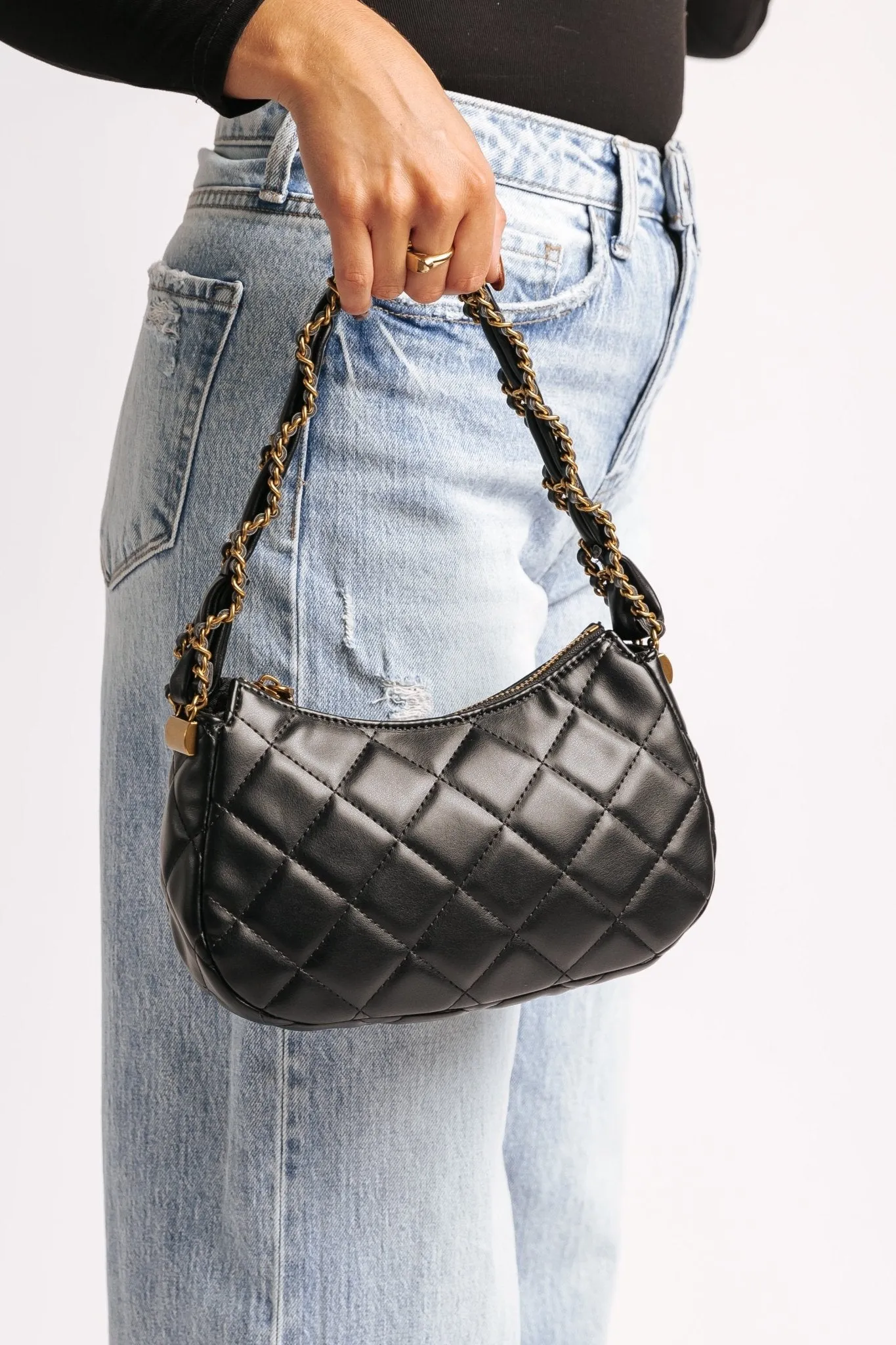 Ellie Black Faux Leather Quilted Shoulder Bag