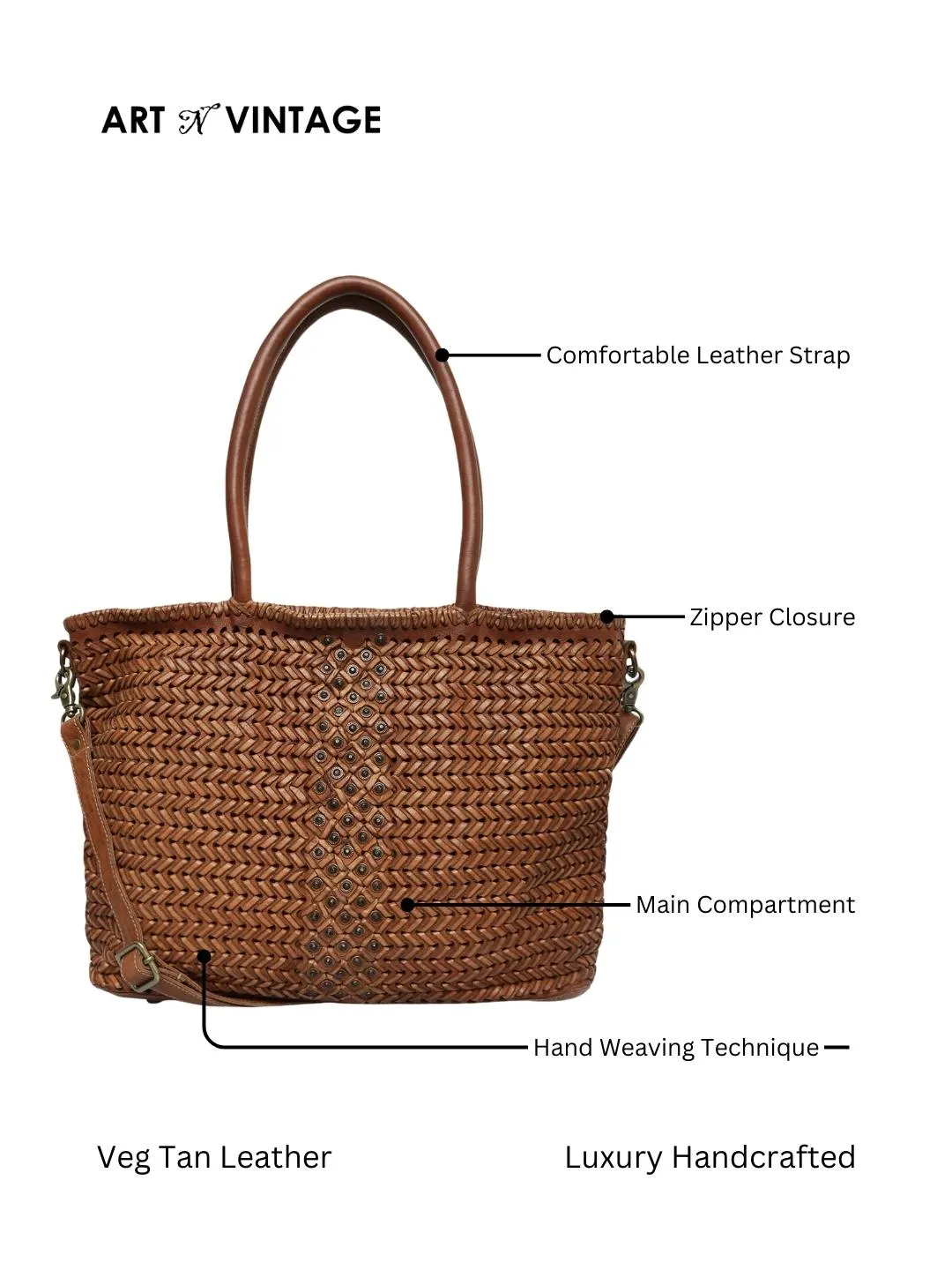 Genuine Cognac Leather Hand Weaving Tote Bag