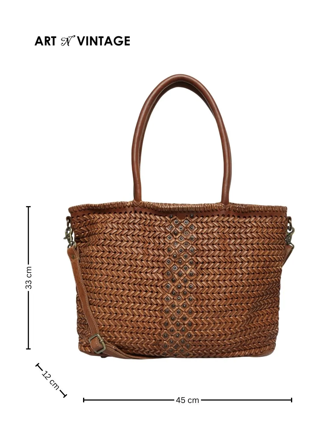 Genuine Cognac Leather Hand Weaving Tote Bag