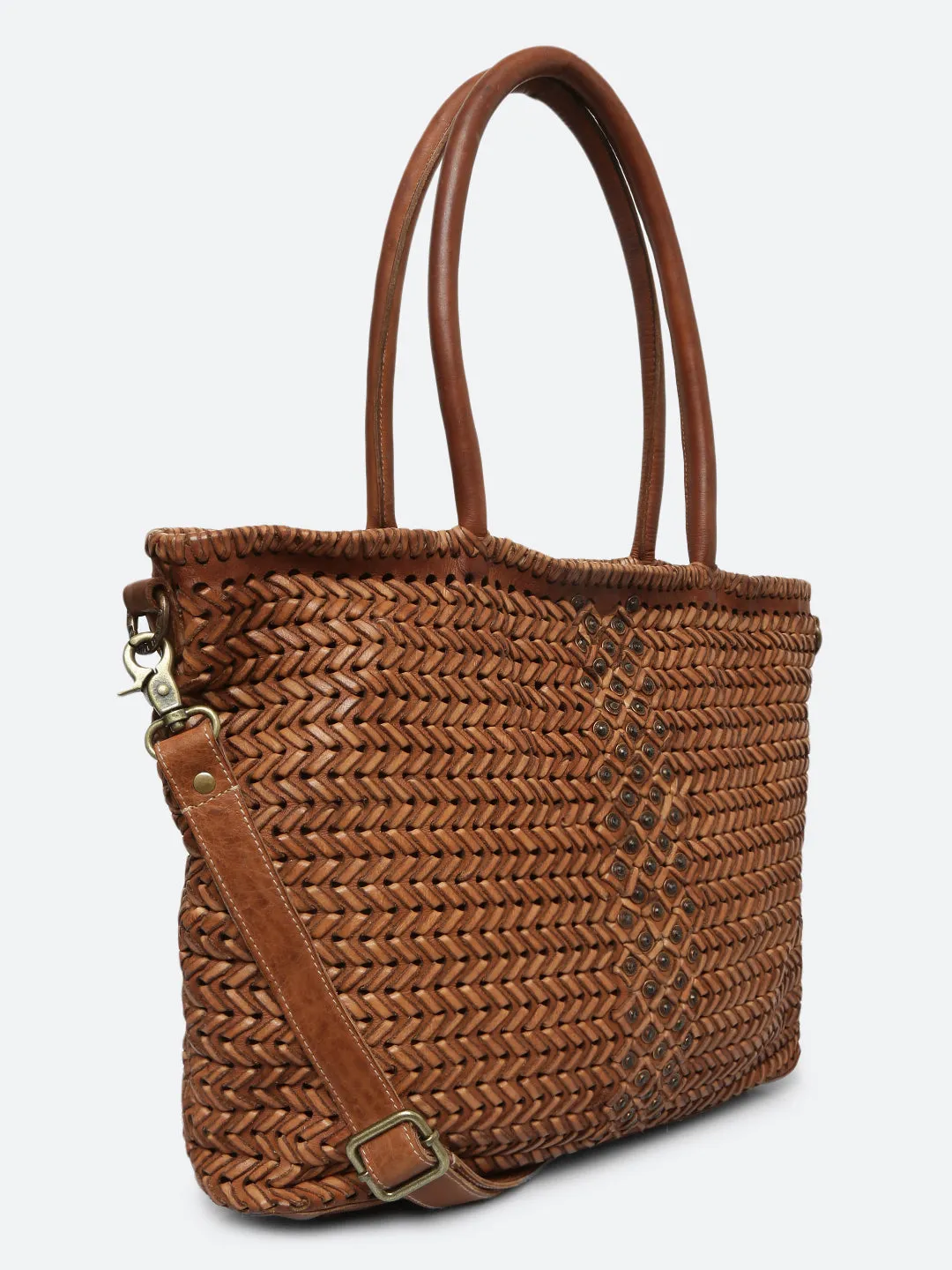 Genuine Cognac Leather Hand Weaving Tote Bag