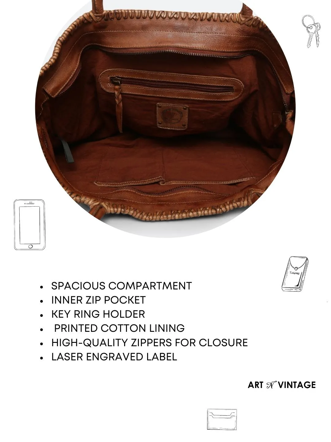 Genuine Cognac Leather Hand Weaving Tote Bag