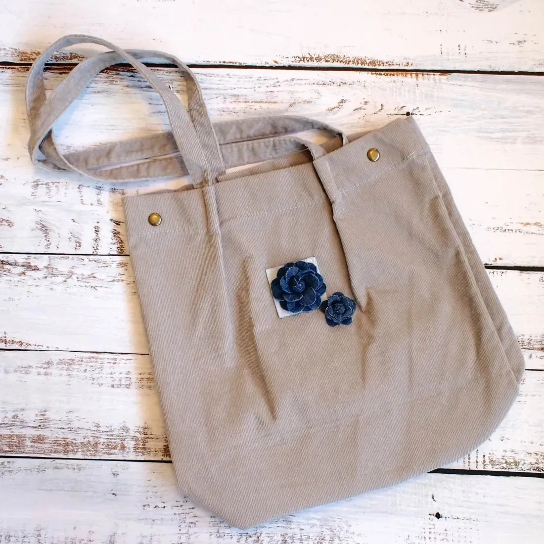 Grey Maile Denim Floral Corduroy Tote Bag