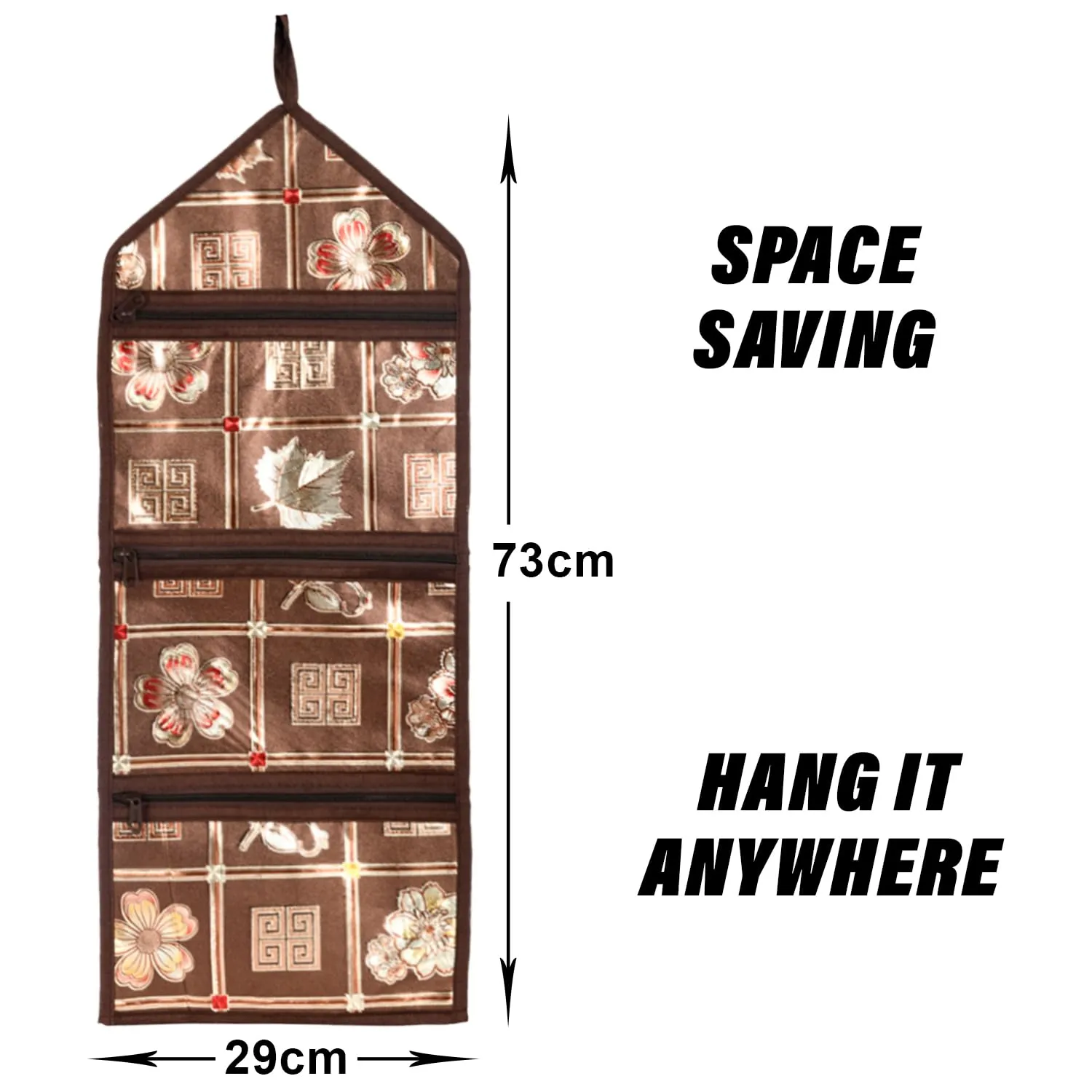 Heart Home Paper Holder | Foldable Hanging Organizer | PVC Shinning Check Pattern Document Holder | 3 Pocket Wall Hanging Holder with Zipper | Brown