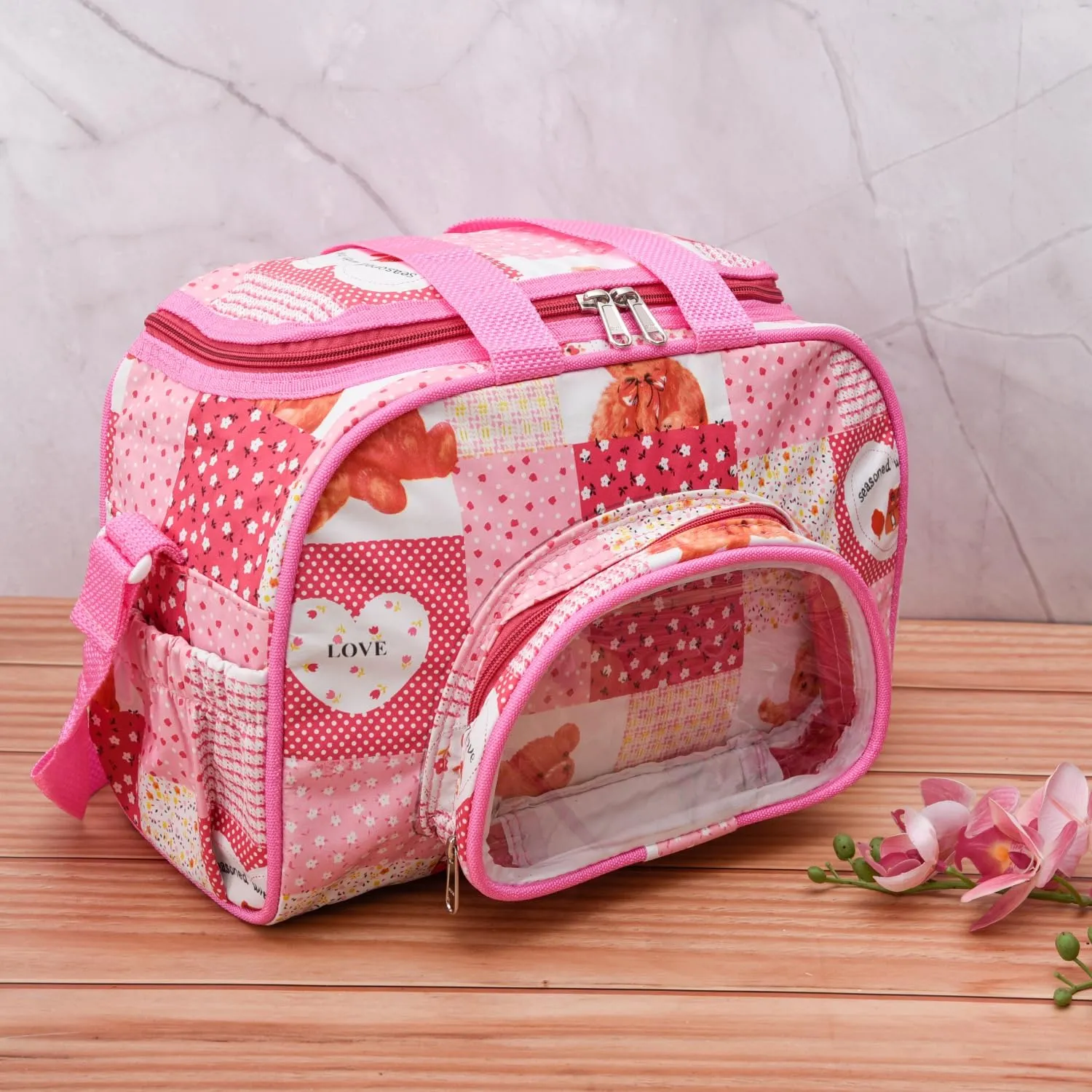 Kuber Industries Baby Diaper Bag | Maternity Diaper Changing Bag | Travel Diaper Bag | Diaper Bag for Mothers | Transparent D Pocket Baby Bag | Teddy Bear Diaper Bag with Straps | Pink