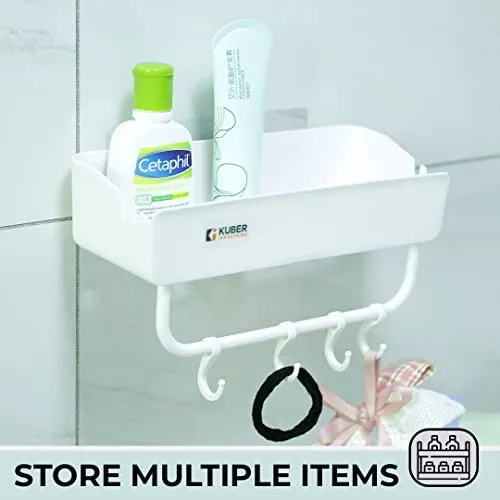 Kuber Industries Bathroom & Kitchen Organizer with Hooks | Multipurpose Rectangular Wall Shelves | Self-Adhesive | Premium Quality PP | A2912 | Pack of 2 | White Storage Rack