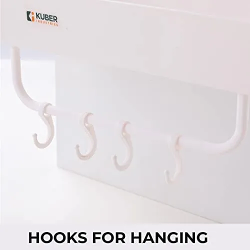 Kuber Industries Bathroom & Kitchen Organizer with Hooks | Multipurpose Rectangular Wall Shelves | Self-Adhesive | Premium Quality PP | A2912 | Pack of 2 | White Storage Rack