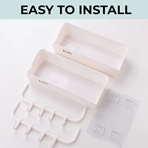 Kuber Industries Bathroom & Kitchen Organizer with Hooks | Multipurpose Rectangular Wall Shelves | Self-Adhesive | Premium Quality PP | A2912 | Pack of 2 | White Storage Rack