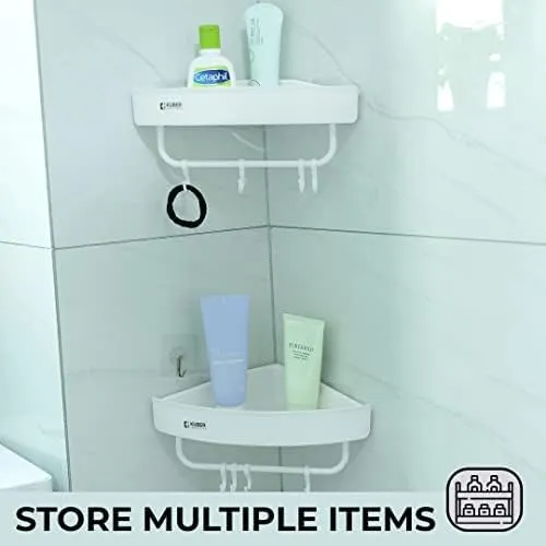 Kuber Industries Bathroom & Kitchen Organizer With Towel Hanger Hooks|Multipurpose Corner Wall Shelves|Self-Adhesive| PP|Pack of 8|A2910|White