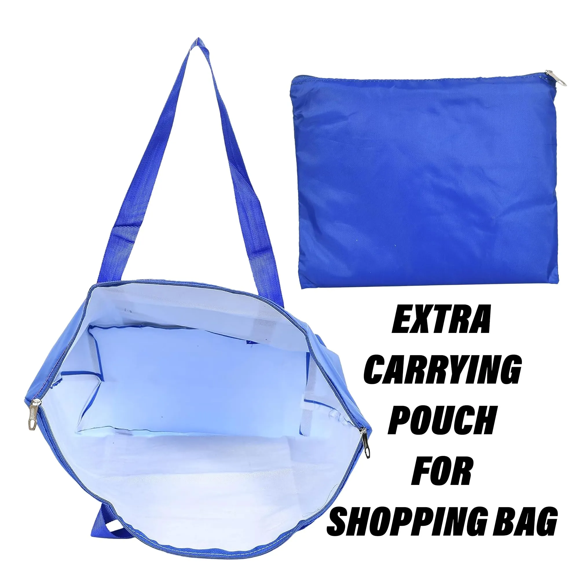 Kuber Industries Storage Bag | Clothes Storage Bag | Storage Bag with Handle | Parachute Shopping Bag | Grocery Hand Bag | Foldable Storage Bag | Lining Front Pocket | Blue