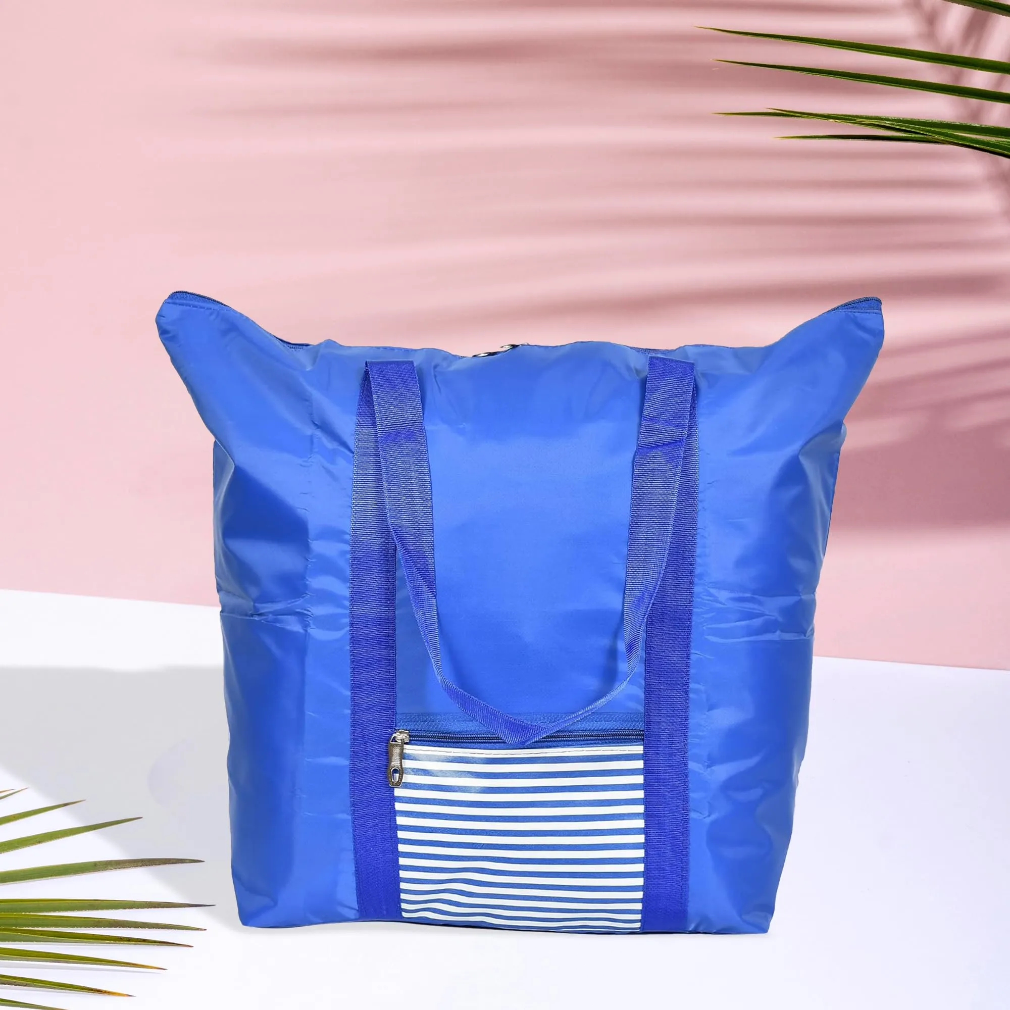 Kuber Industries Storage Bag | Clothes Storage Bag | Storage Bag with Handle | Parachute Shopping Bag | Grocery Hand Bag | Foldable Storage Bag | Lining Front Pocket | Blue