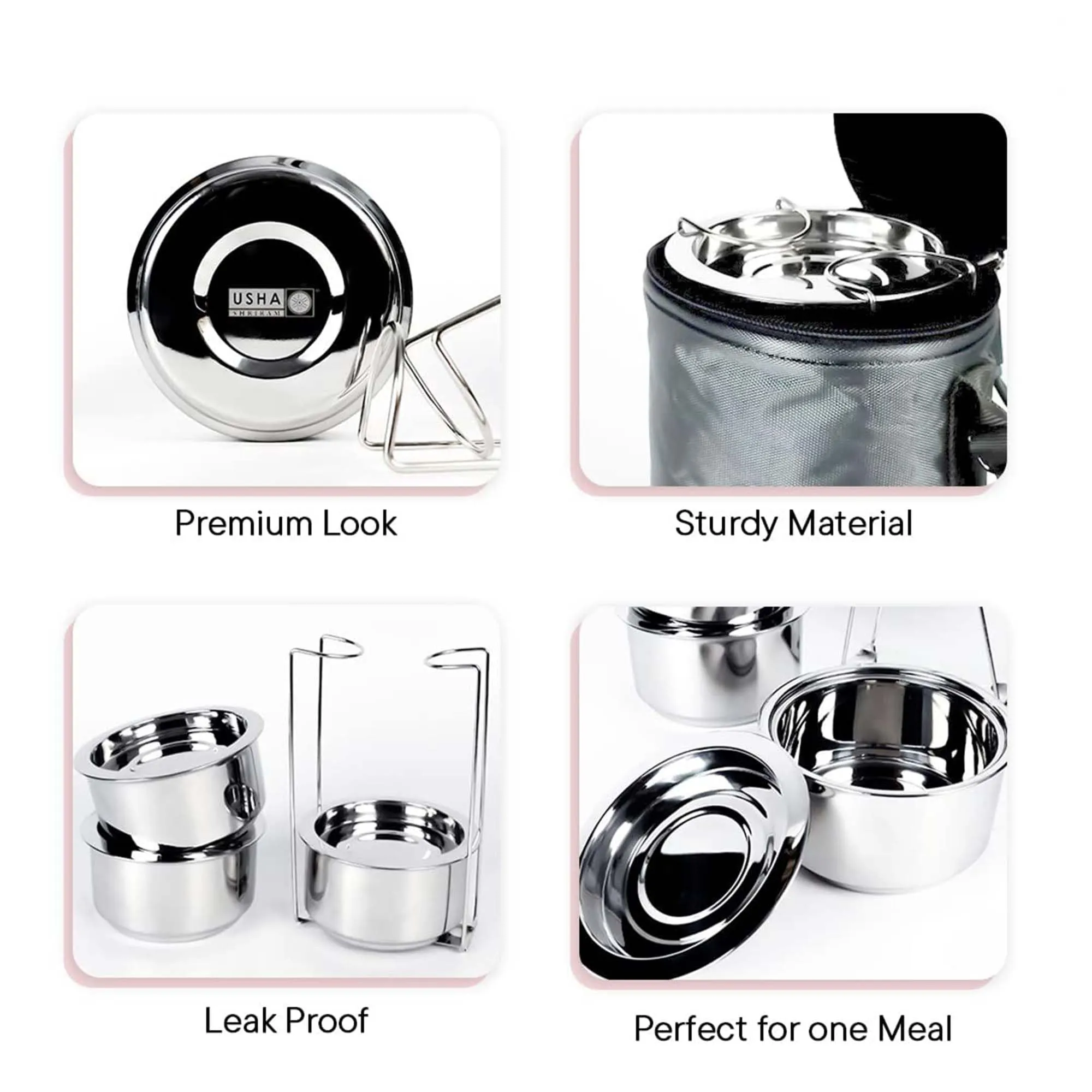 Kuber Industruies Insulated Stainless Steel 3 Compartment Lunch Boxes for Office Men with Lid & Handle | Lightweight Food Container | Steel Tiffin Boxes for Lunch with Bag | Silver & Black