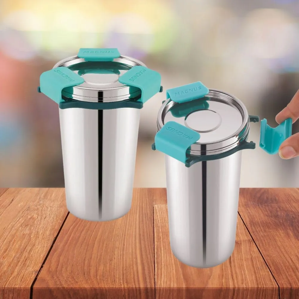 Magnus Stainless Steel Revlock Glass Glossy (350 ml) |Leak-Proof & Airtight Tumbler with Rev Lock Lid - Perfect for Travel, Office, and Kids | Ideal for Juice,Buttermilk |Sleek & Portable ( Pack of 2)