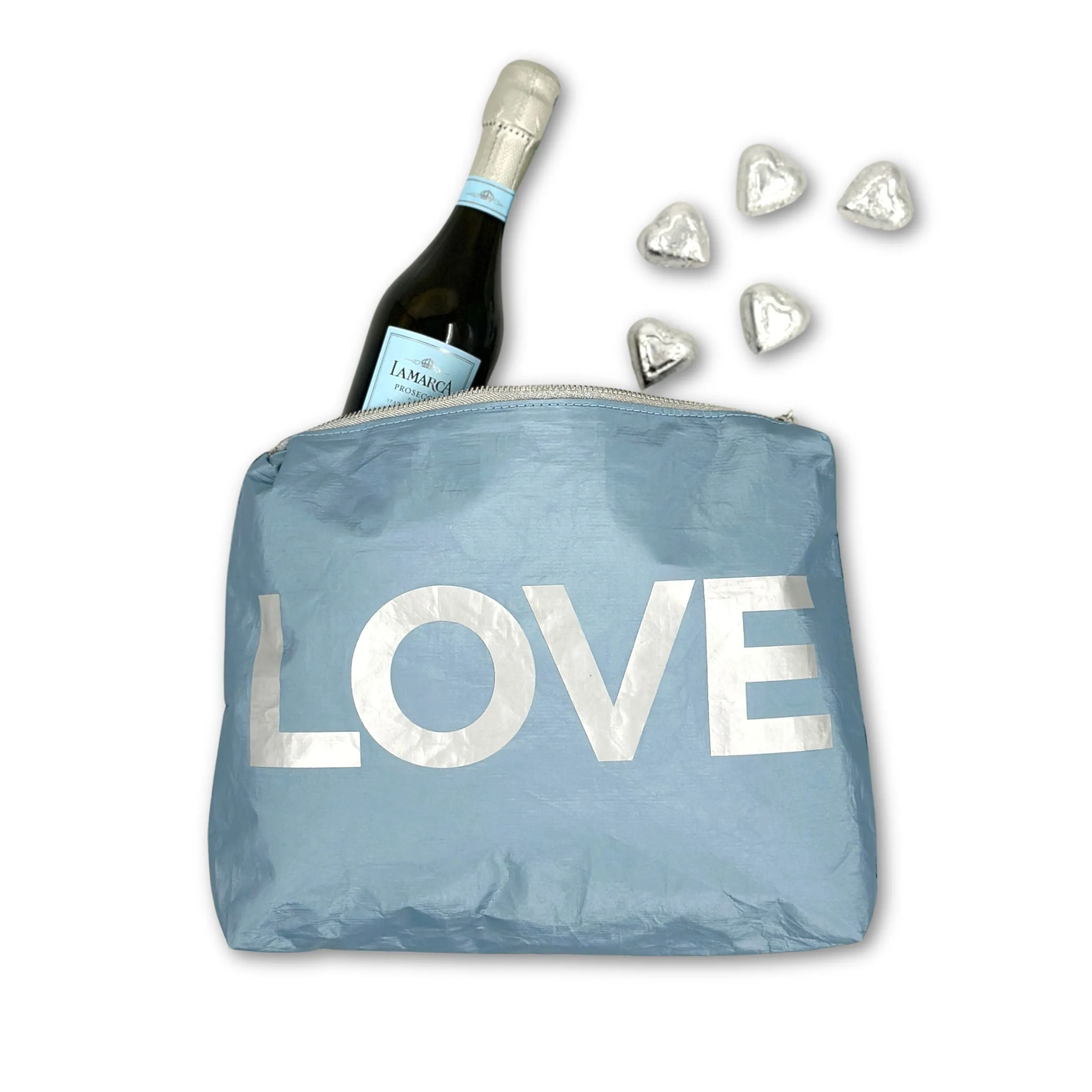 Medium Zipper Pouch - Shimmer Ice Blue with Silver LOVE