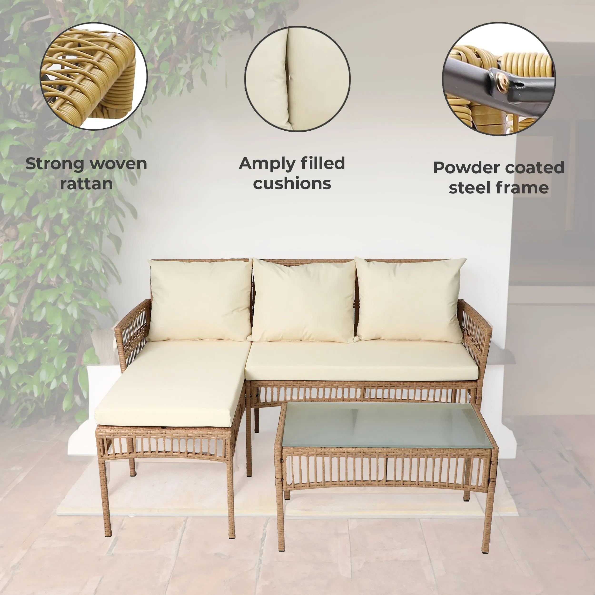 Neo 3 Piece Rattan Wicker Rope Corner Outdoor Furniture Set