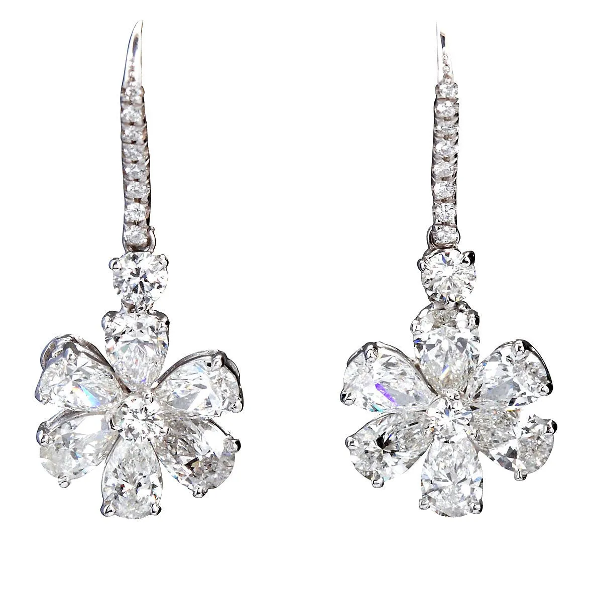 Pear Shape Diamond Platinum Flower Earpendants