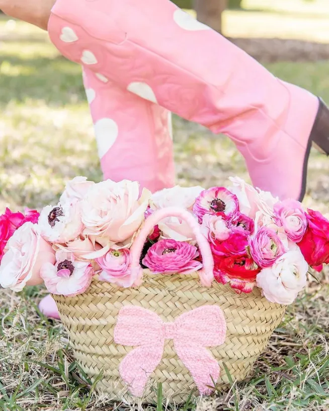 Pink Bow Straw Basket