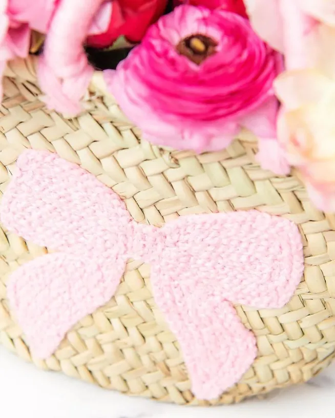 Pink Bow Straw Basket