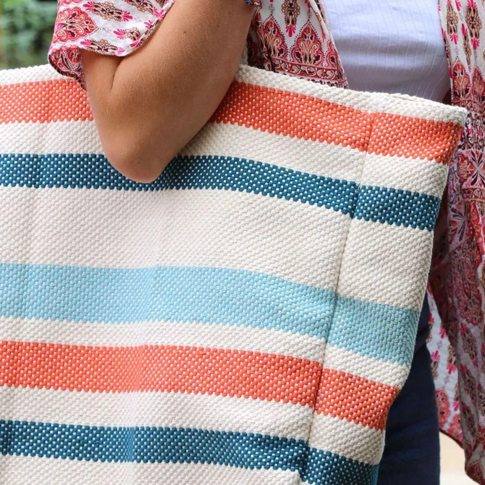 POM Blue mix striped cotton beach bag