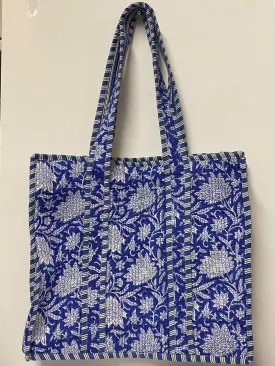 PRE ORDER Quilted Cotton Tote Bag- Blue and White