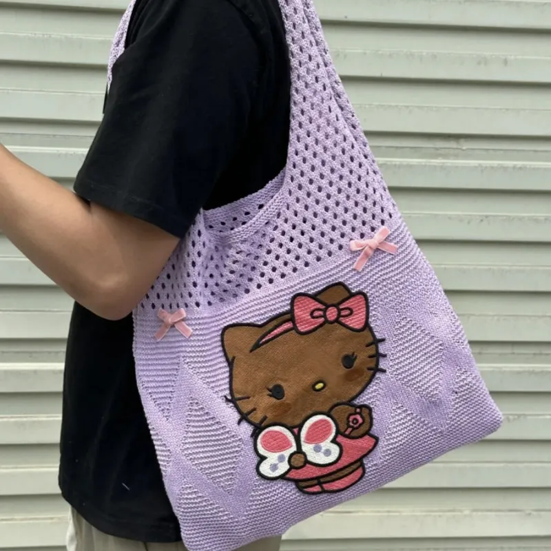 Purple Vacation Kitty Knitted Shoulder Bag KI534