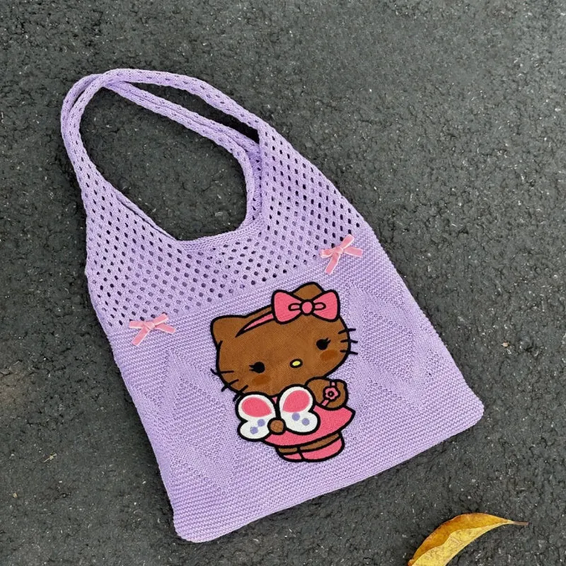 Purple Vacation Kitty Knitted Shoulder Bag KI534