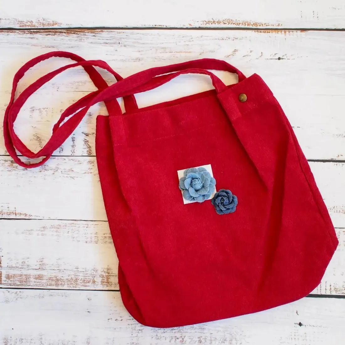 Red Maile Denim Floral Corduroy Tote Bag