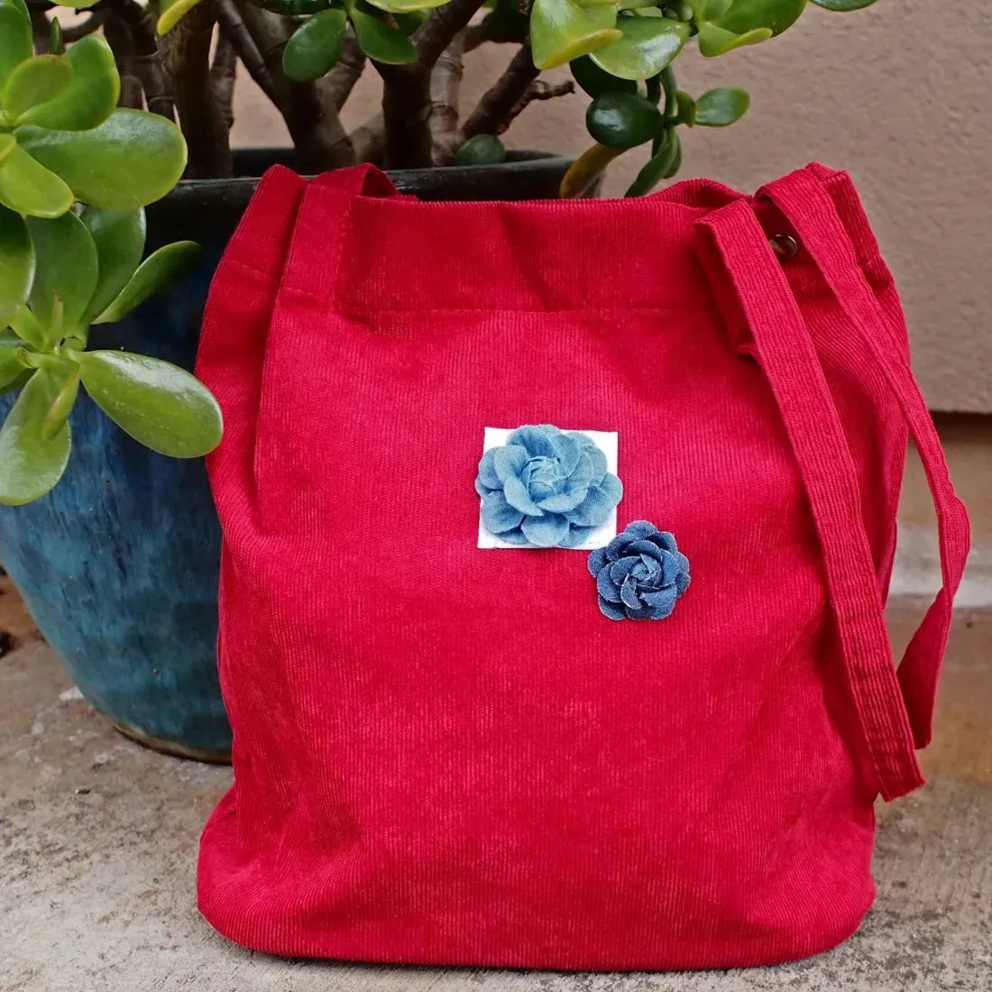 Red Maile Denim Floral Corduroy Tote Bag