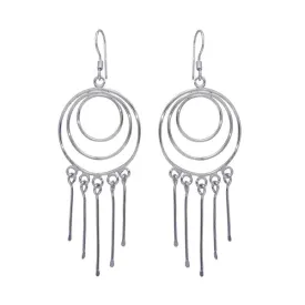 Silver 925 Rhodium Plated Multiple Graduated Open Circle Wire Dangling Hanging Teardrop Hook Earrings