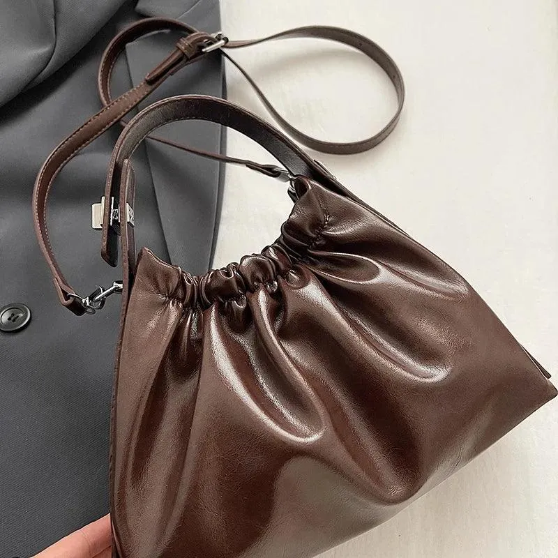 Small Tote Bags Soft Leather Rushed Pleated Snap Short Handle Women Crossbody