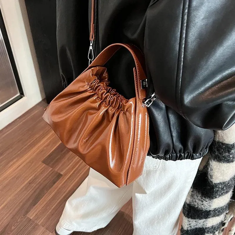 Small Tote Bags Soft Leather Rushed Pleated Snap Short Handle Women Crossbody