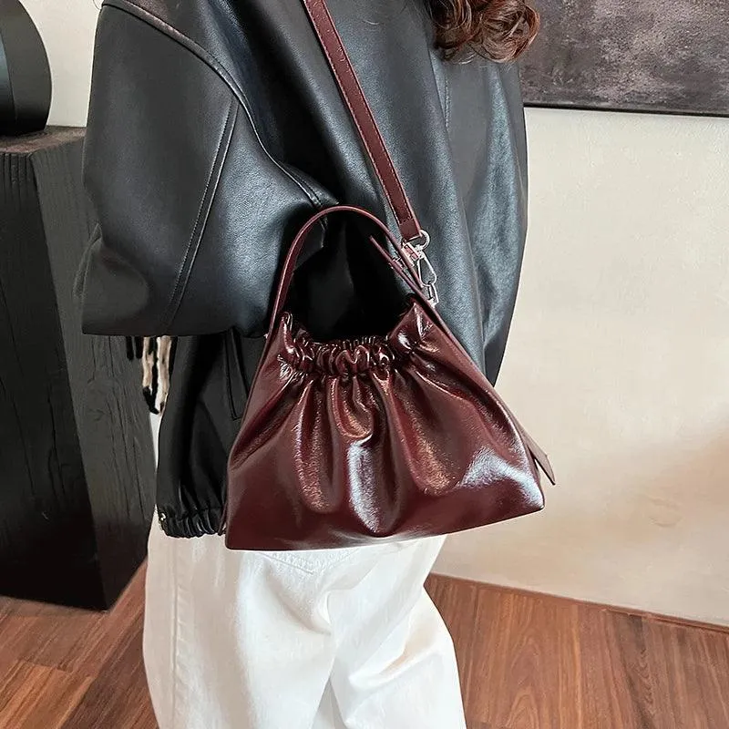 Small Tote Bags Soft Leather Rushed Pleated Snap Short Handle Women Crossbody