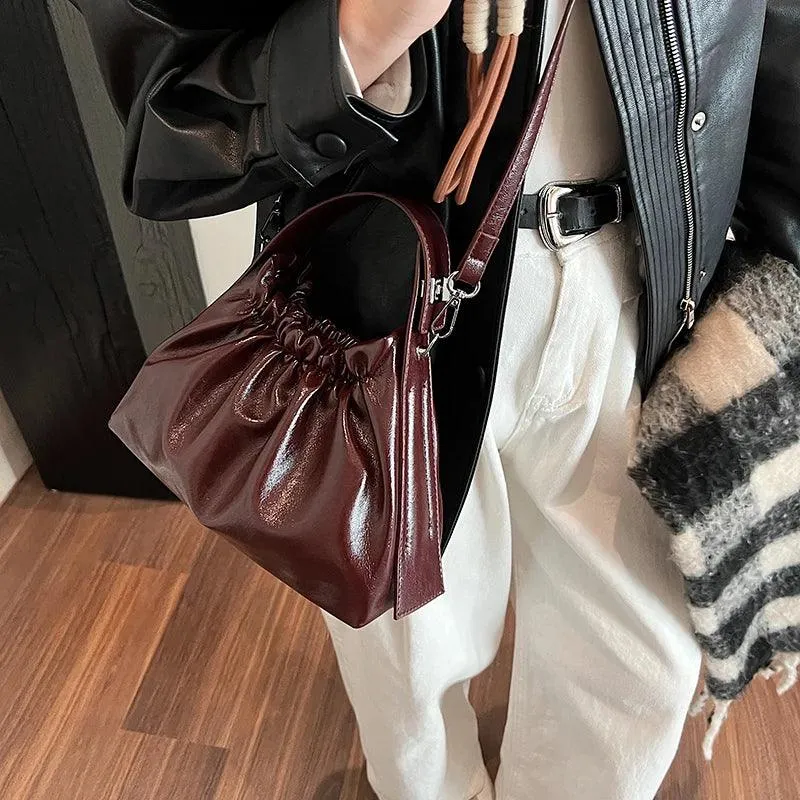 Small Tote Bags Soft Leather Rushed Pleated Snap Short Handle Women Crossbody