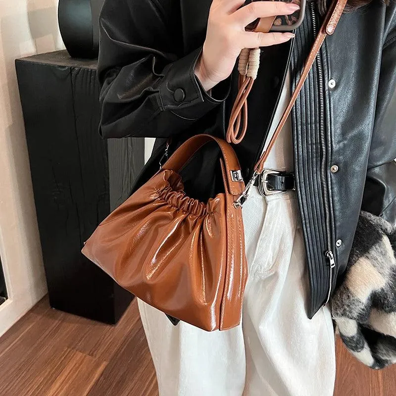 Small Tote Bags Soft Leather Rushed Pleated Snap Short Handle Women Crossbody