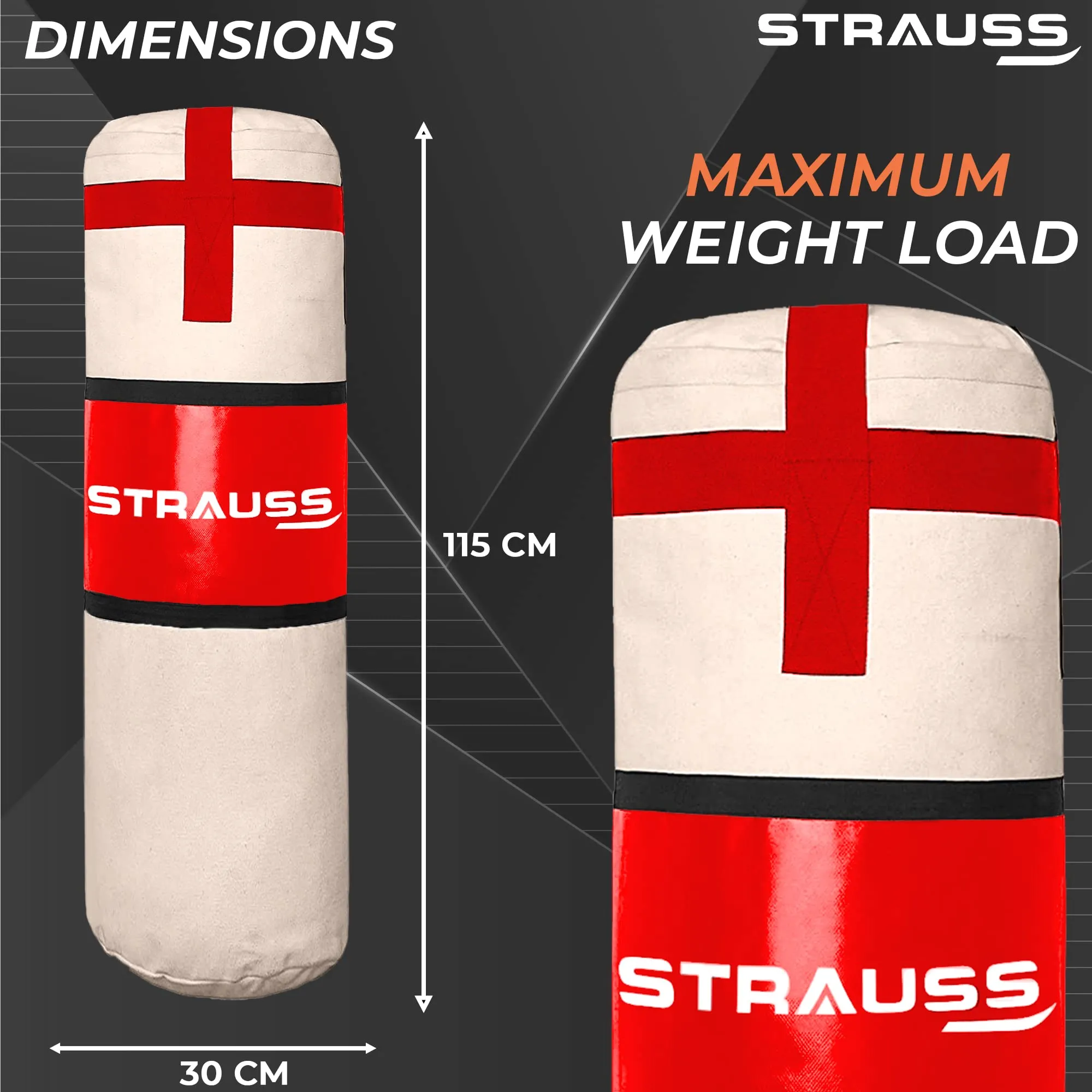 Strauss Canvas Heavy Duty Filled Gym Punching Bag | Comes with Hanging S Hook, Zippered Top Head Closure & Heavy Straps | 4 Feet, (Cream/Red)