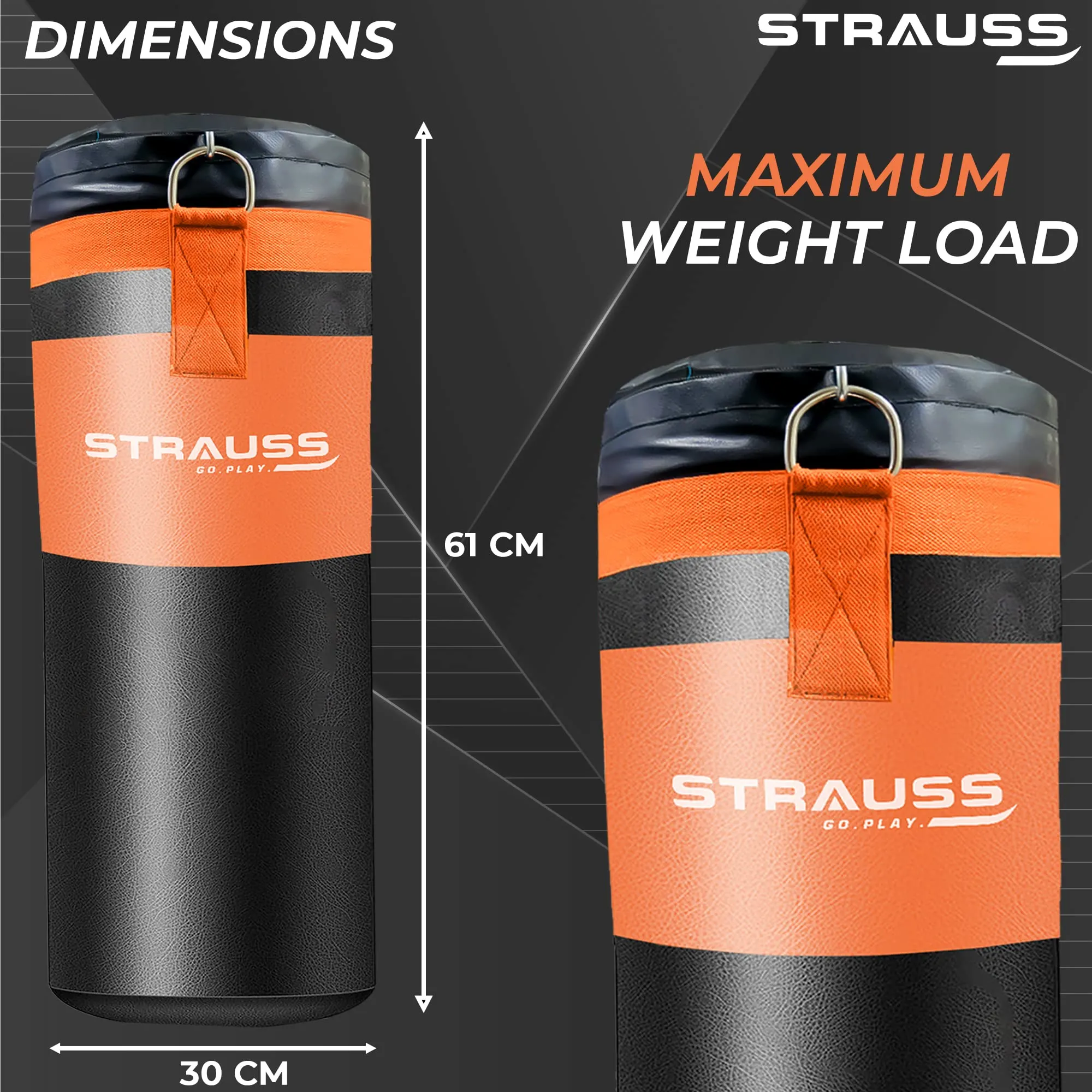 Strauss Canvas Heavy Duty Filled Gym Punching Bag|Hanging S Hook, Zippered Top Head Closure,Heavy Straps |Ideal for Boxing, MMA |Boxing Bag for Home Gym & Fitness Training|2 Feet,(Black/Orange)