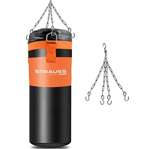 Strauss Canvas Heavy Duty Filled Gym Punching Bag|Hanging S Hook, Zippered Top Head Closure,Heavy Straps |Ideal for Boxing, MMA |Boxing Bag for Home Gym & Fitness Training|2 Feet,(Black/Orange)