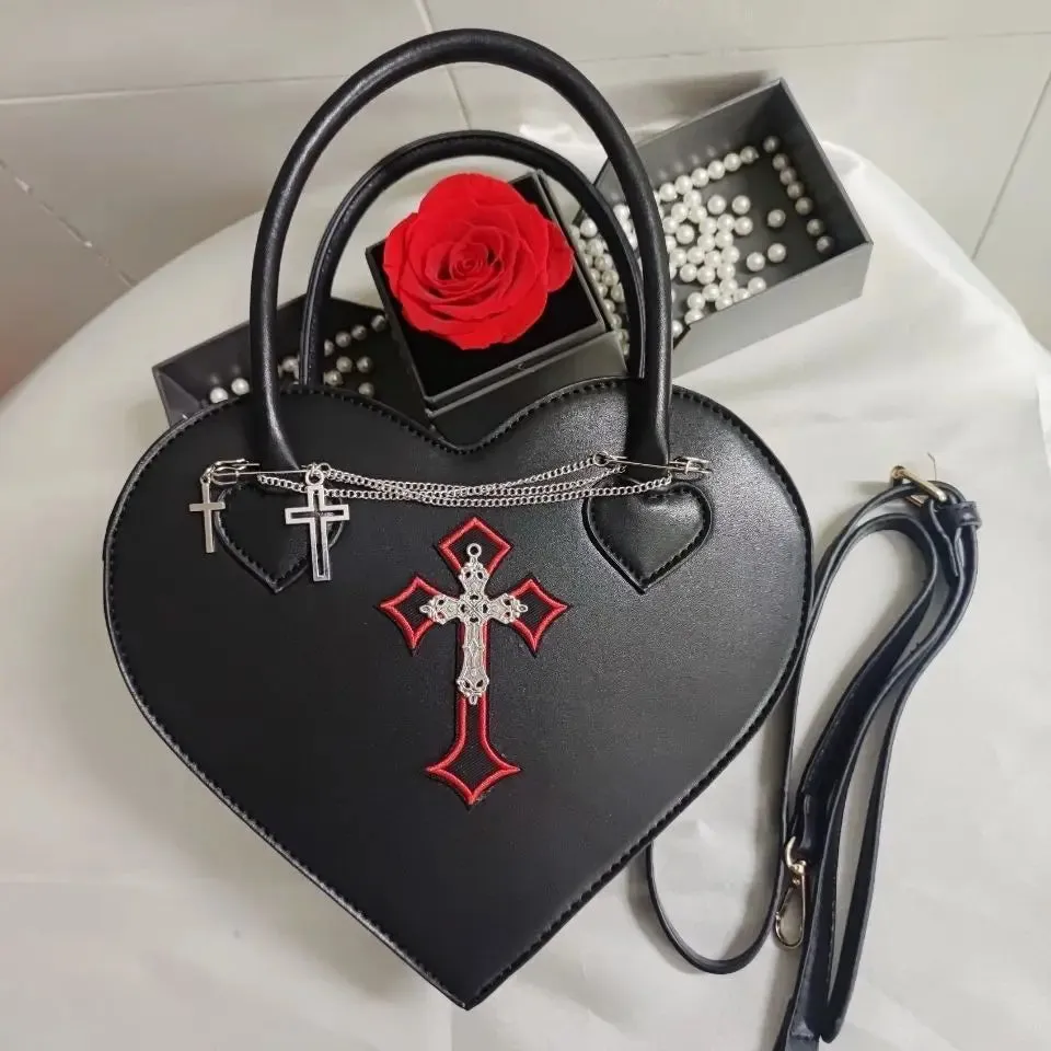 VAIGE Gothic Heart-Shaped Black Shoulder Bag with Metal Decoration - Soft PUL Handbag, Versatile Zipper Closure Messenger Purse