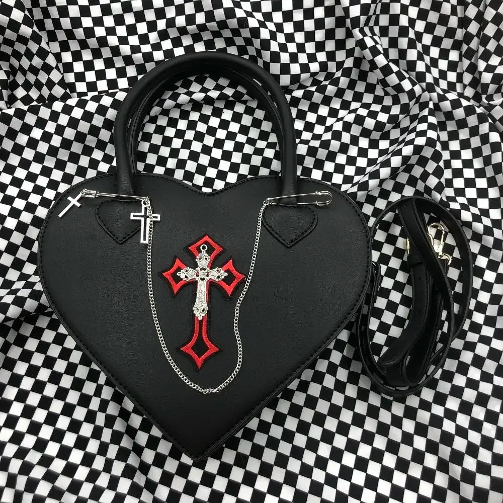 VAIGE Gothic Heart-Shaped Black Shoulder Bag with Metal Decoration - Soft PUL Handbag, Versatile Zipper Closure Messenger Purse