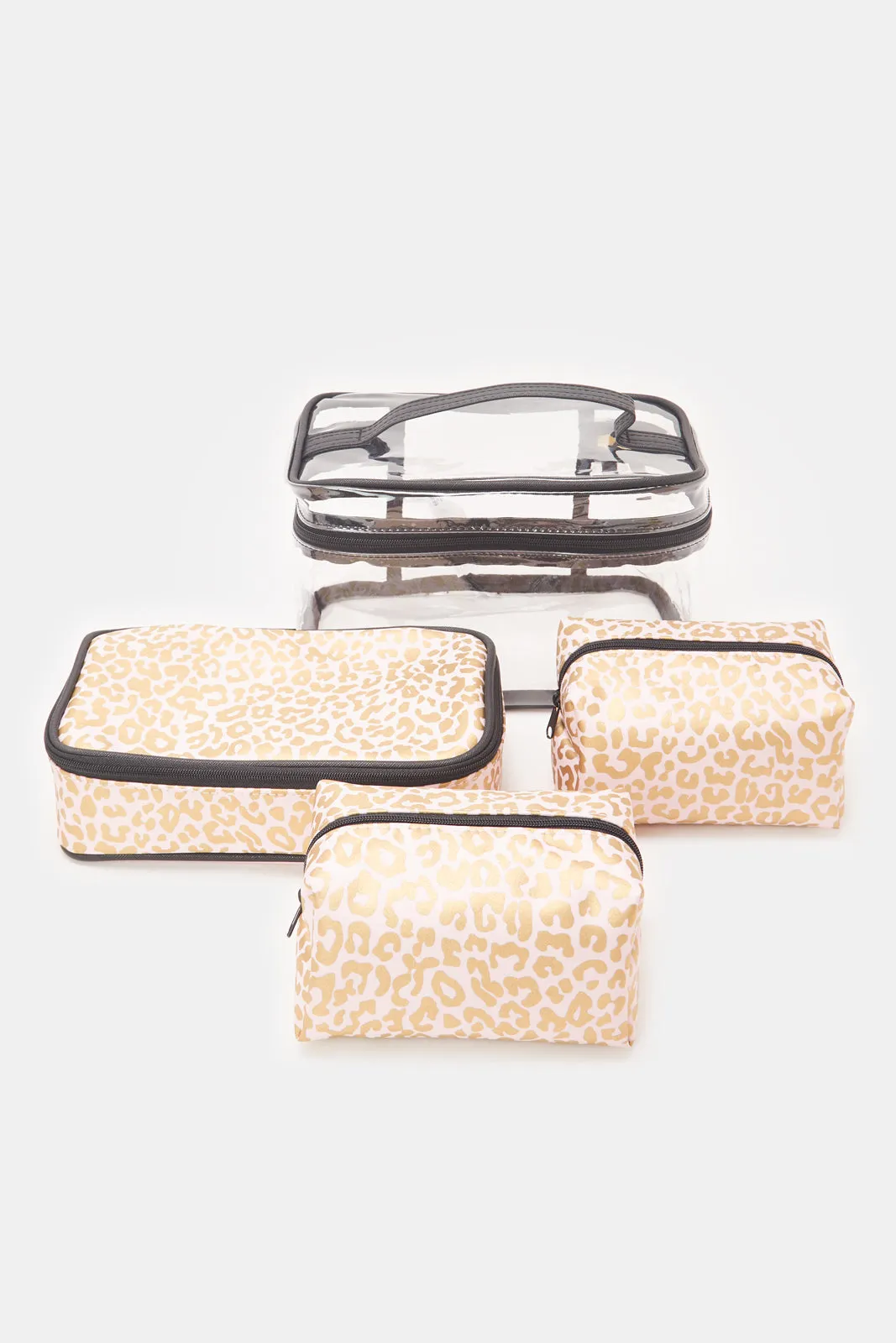 Women Pink And Black Animal print Cosmetic Pouch Set (Pack of 4)