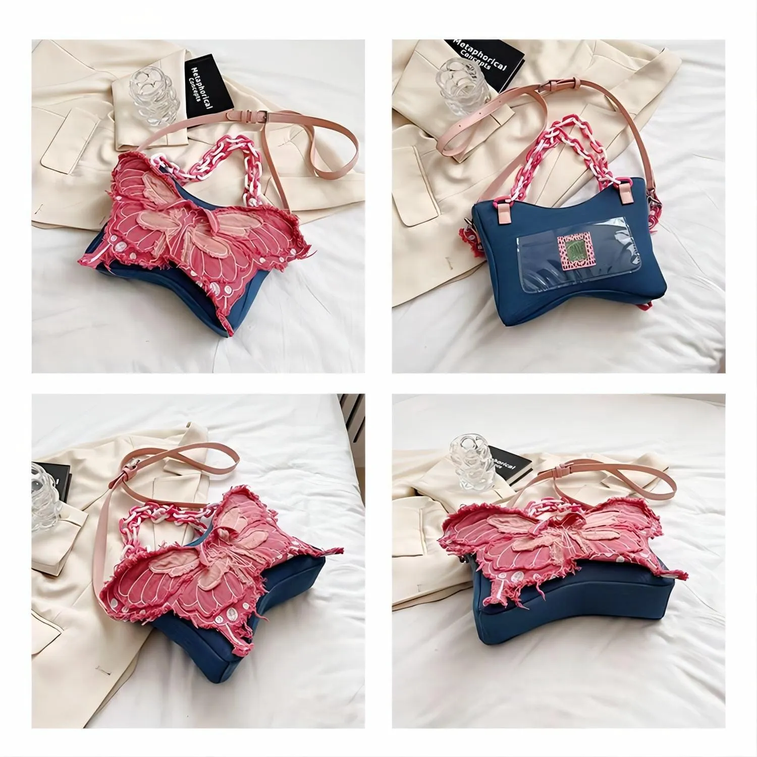 Y2K Pink Denim Butterfly Crossbody Bag